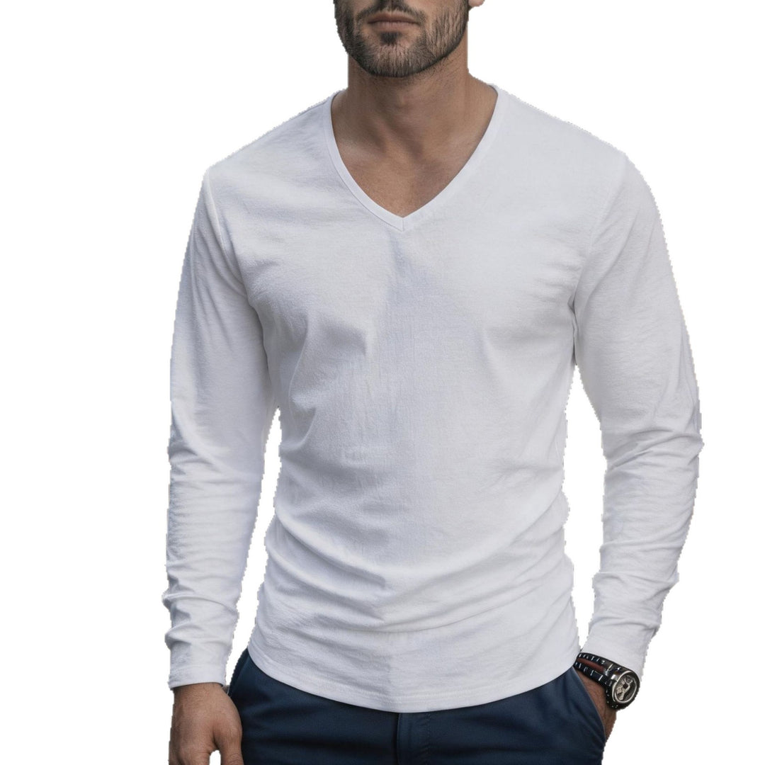 Herren tailliertes Langarmshirt mit V-Ausschnitt aus feinem Baumwollstretch – Arvello
