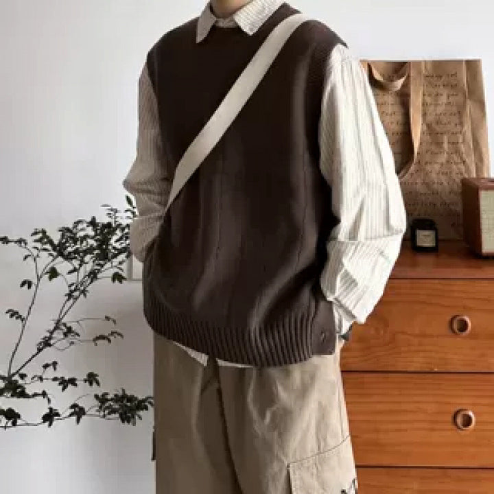Herren Oversized Ärmellose Strickweste mit geripptem Saum und Rundhalsausschnitt Echoarchiv