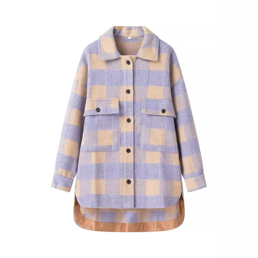 Damen Oversized Hemdjacke im Karo mit großen Pattentaschen und gerundetem Saum Echo Archiv