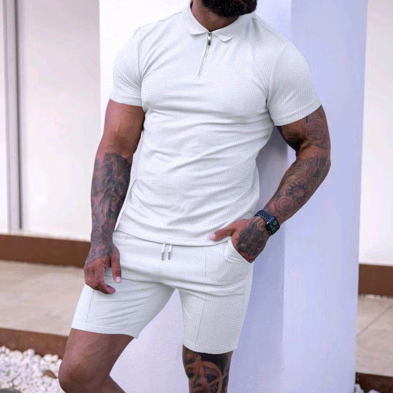 Herren modisches Polo- und Shorts-Set mit strukturiertem Gewebe und funktionalem Reißverschluss Echoarchiv