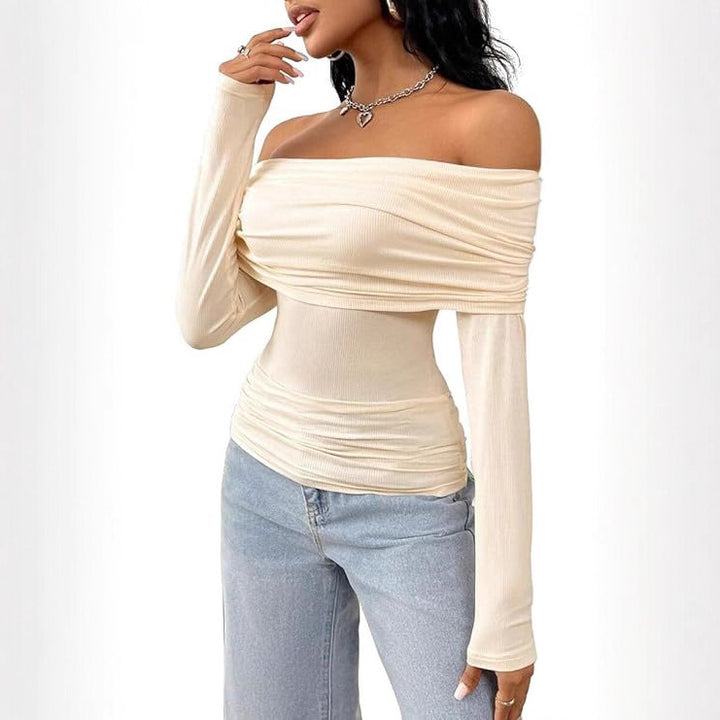 Damen Schulterfreies Ripp-Longsleeve mit weitem Umschlagkragen und taillierter Silhouette – Avérine