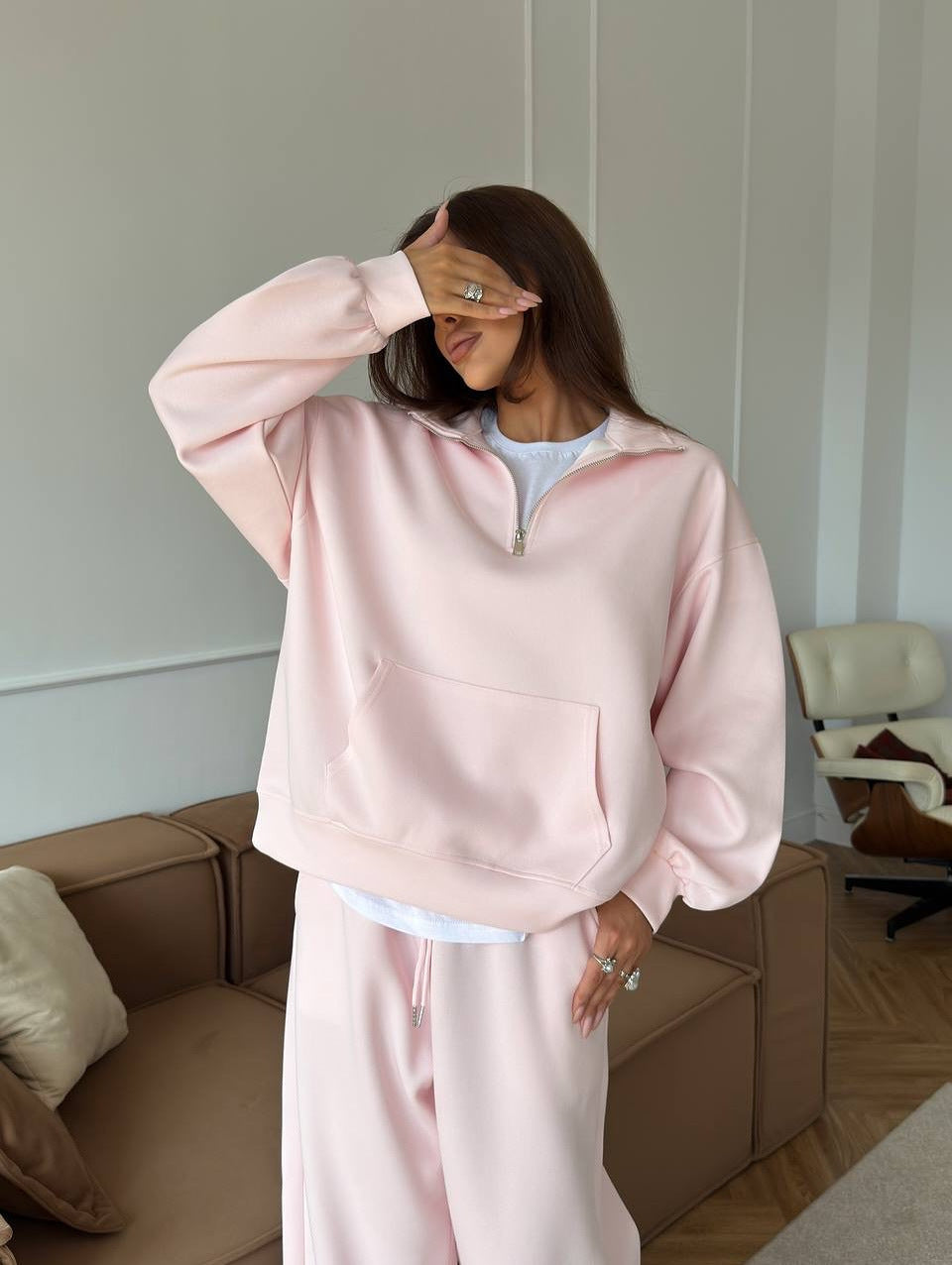 Damen nan weites Halfzip-Lounge-Set mit Kapuzenpullover, Kängurutasche und fließender Wide-Leg-Hose Echo Archiv