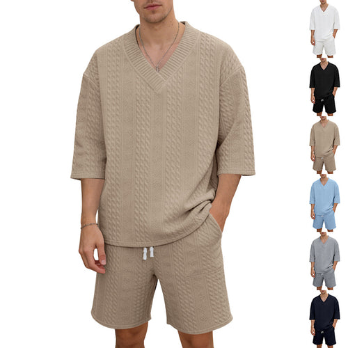 Unisex nan lässiges Lounge-Set mit V-Ausschnitt-Oberteil und Kordelbund-Shorts Echo Archiv