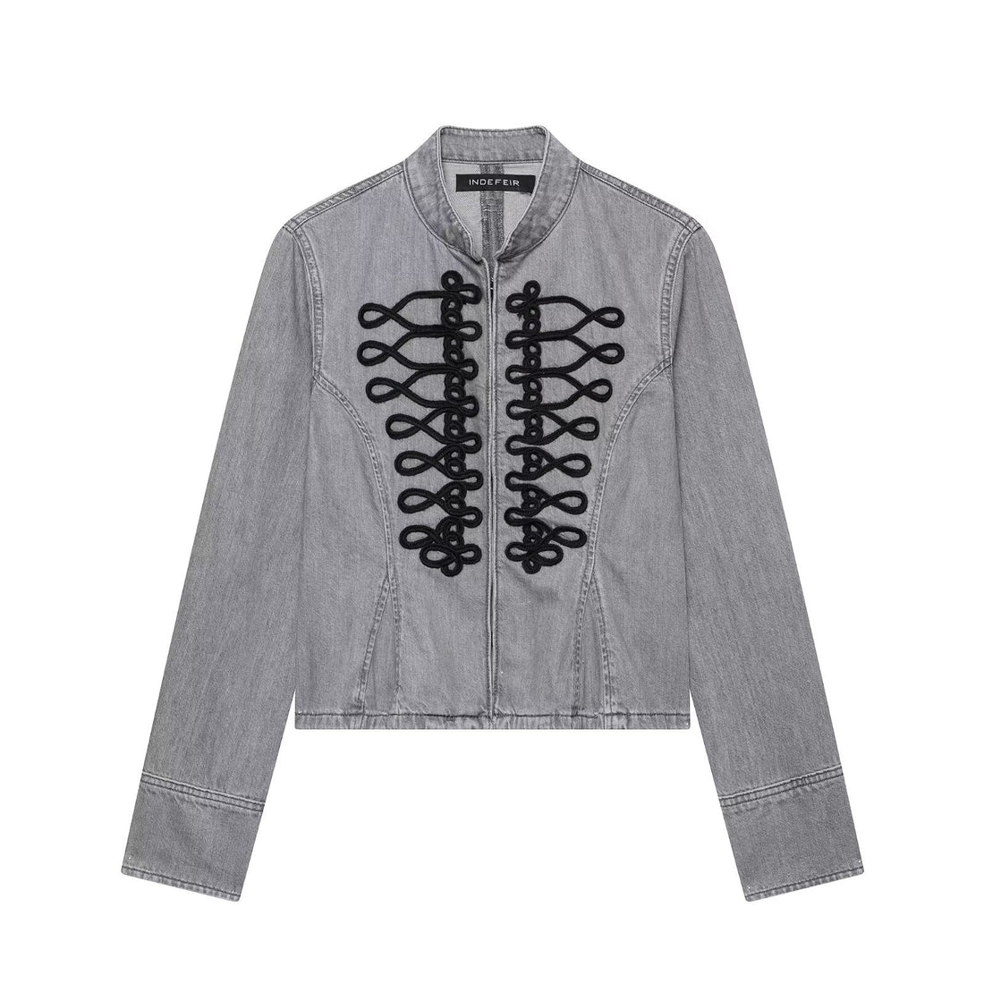 Damen Jeansjacke mit militärischer Kordelapplikation und Stehkragen Echoarchiv