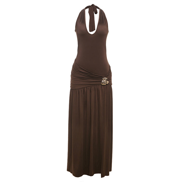 Damen Maxi-Kleid mit eleganten Raffungselementen und aufwendiger Brosche Echo Archiv