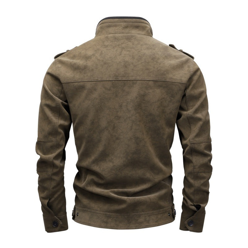Herren Utility-Lederimitatjacke mit Stehkragen, Schulterklappen und multiplen Brusttaschen Echoarchiv