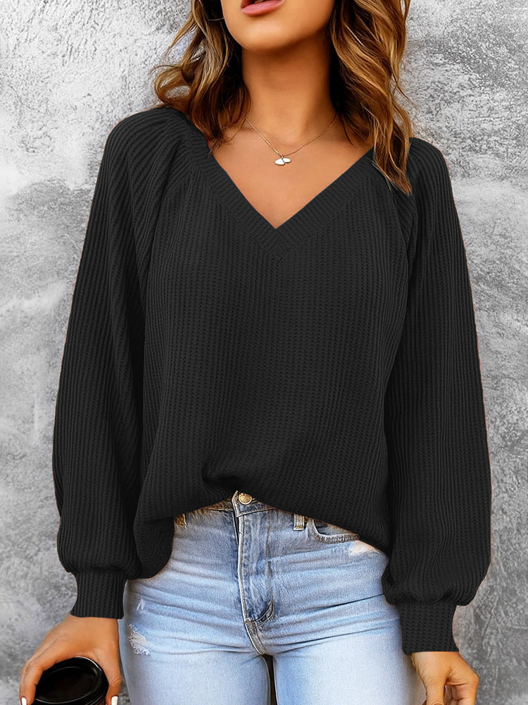 Damen Feinstruktur-Strickpullover mit V-Ausschnitt, Ballonärmeln und Rippbündchen – Mavelle