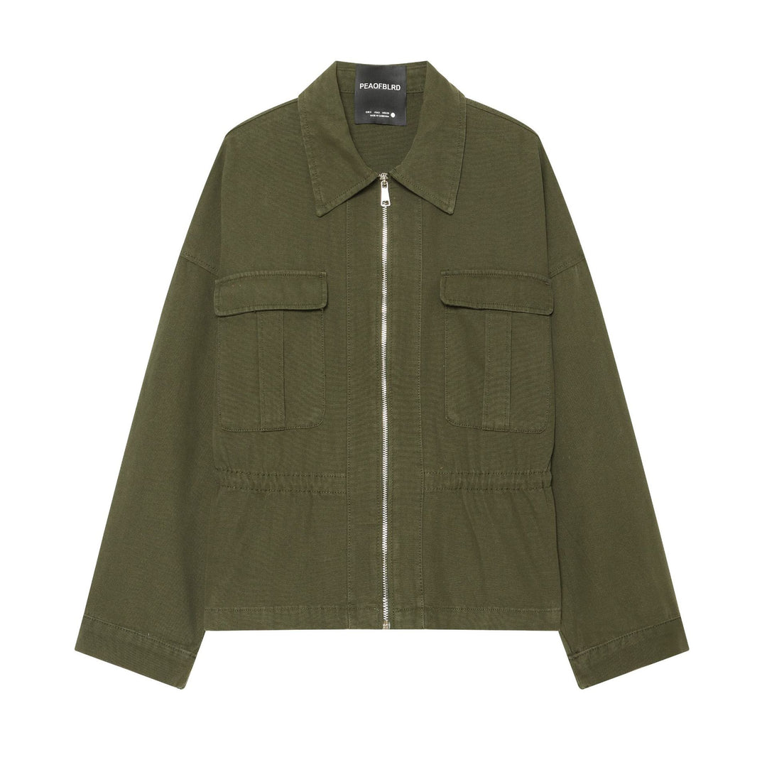 Damen Taillierte Cropped Utility‑Jacke mit durchgehendem Reißverschluss und Pattentaschen Echo Archiv