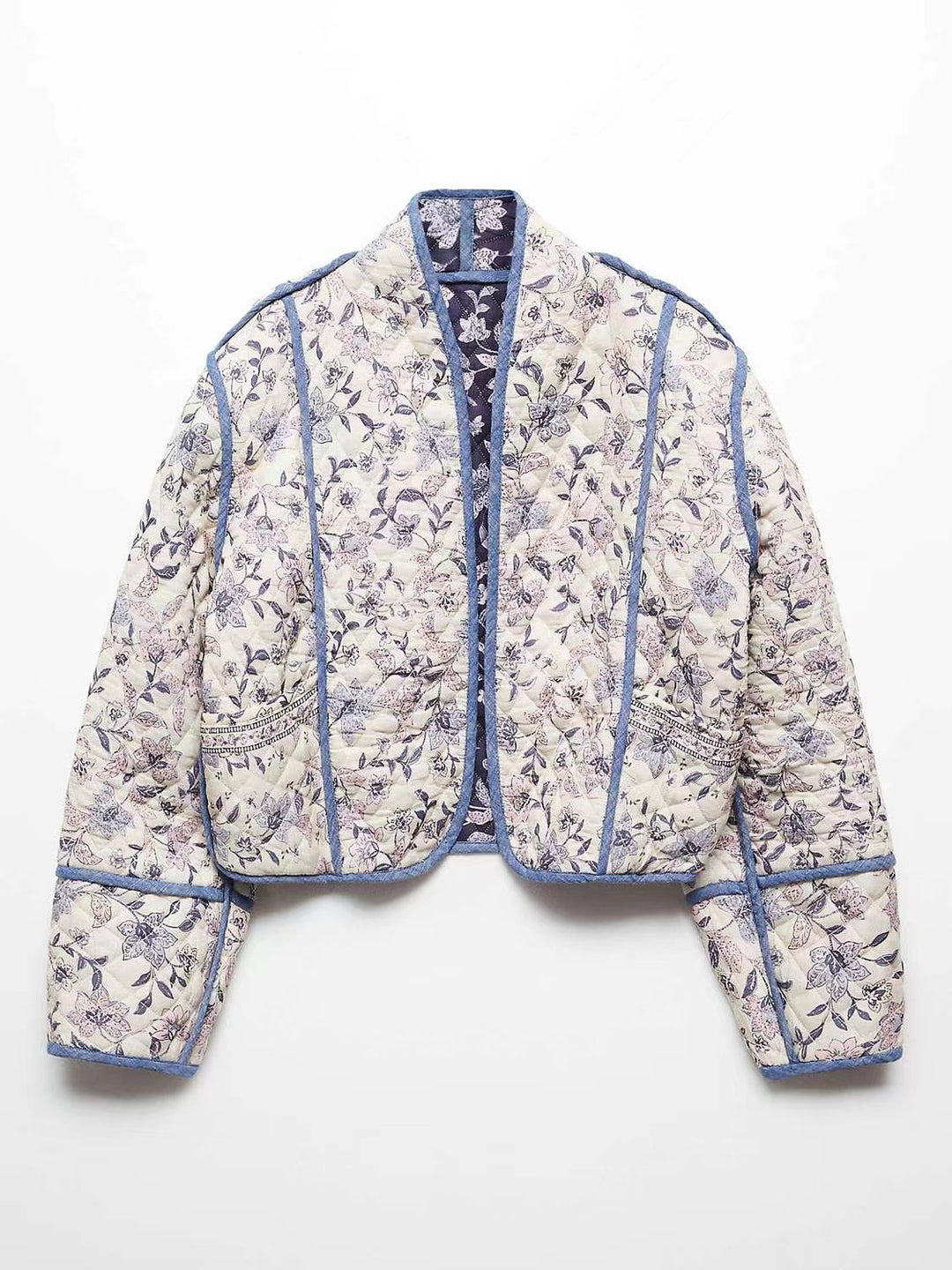 Damen Kurz geschnittene gesteppte Blousonjacke mit floraler Stickerei und Kontrastpaspel Echo Archiv