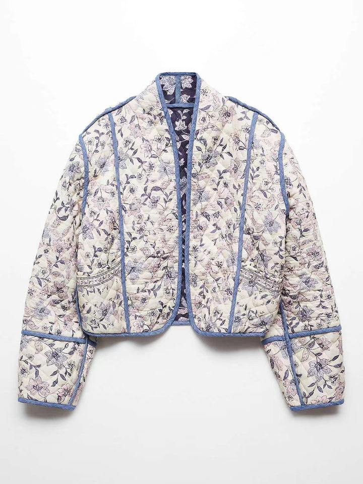 Damen Kurz geschnittene gesteppte Blousonjacke mit floraler Stickerei und Kontrastpaspel Echo Archiv