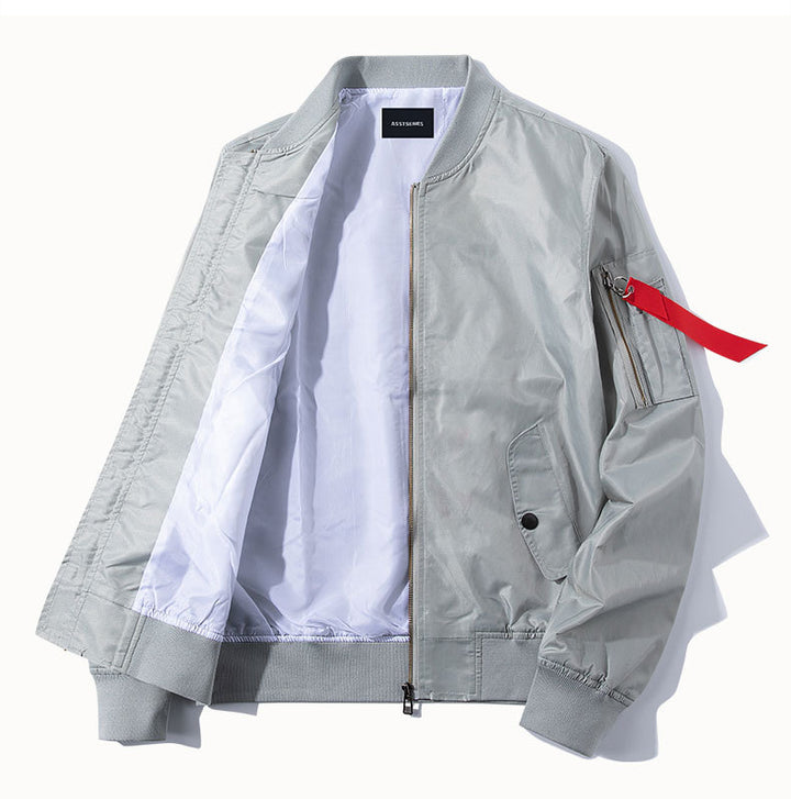 Men's slim-profile nylon bomber jacket with high-visibility contrast lining and zip utility sleeve pocket – Brevano