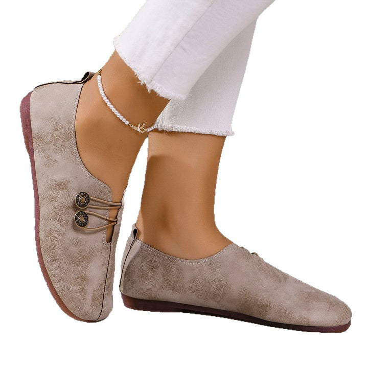 Damen nan bequeme flache Slipper Vintageoptik mit Zierknöpfen und elastischer Schnürung Echo Archiv