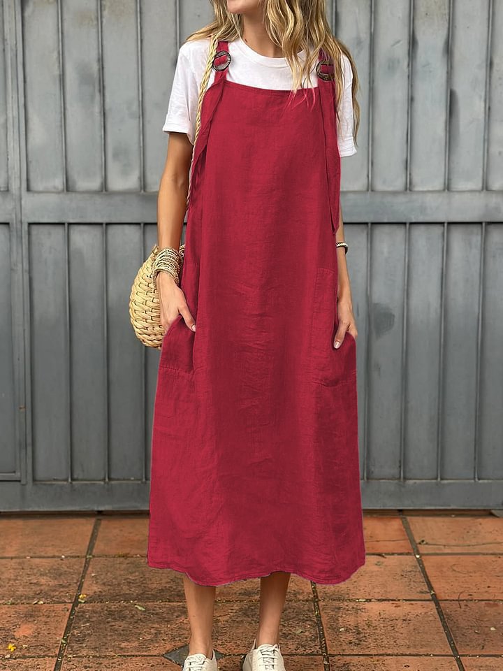 Damen Lässiges Leinen-Latzkleid mit praktischen Seitentaschen und verstellbaren Trägern Echoarchiv