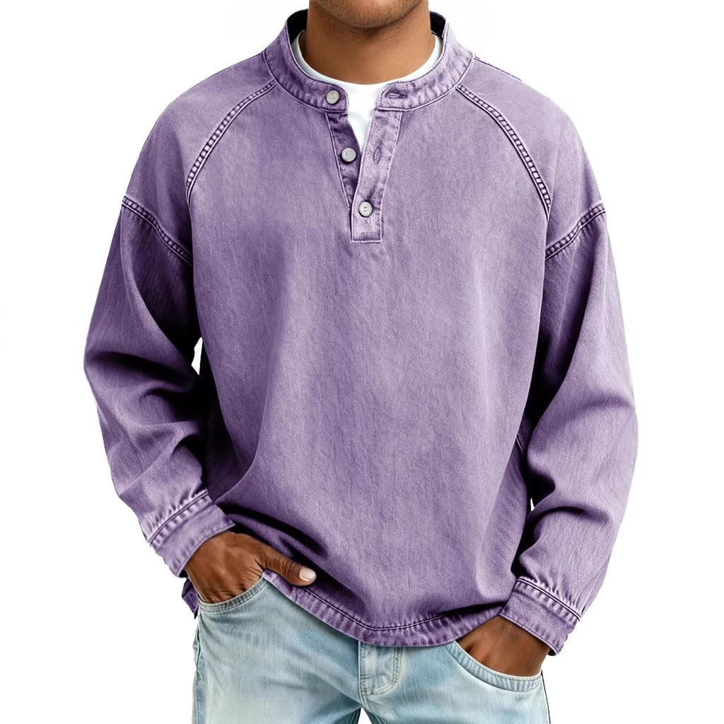 Herren verwaschenes Henley-Shirt mit Stehkragen, lockerer Passform und Knopfleiste – Marzano