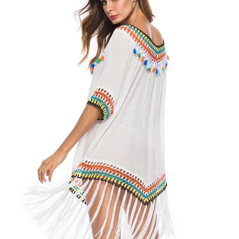Damen Strandüberwurfkleid mit fransigem Saum und buntem Häkelmuster Echo Archiv