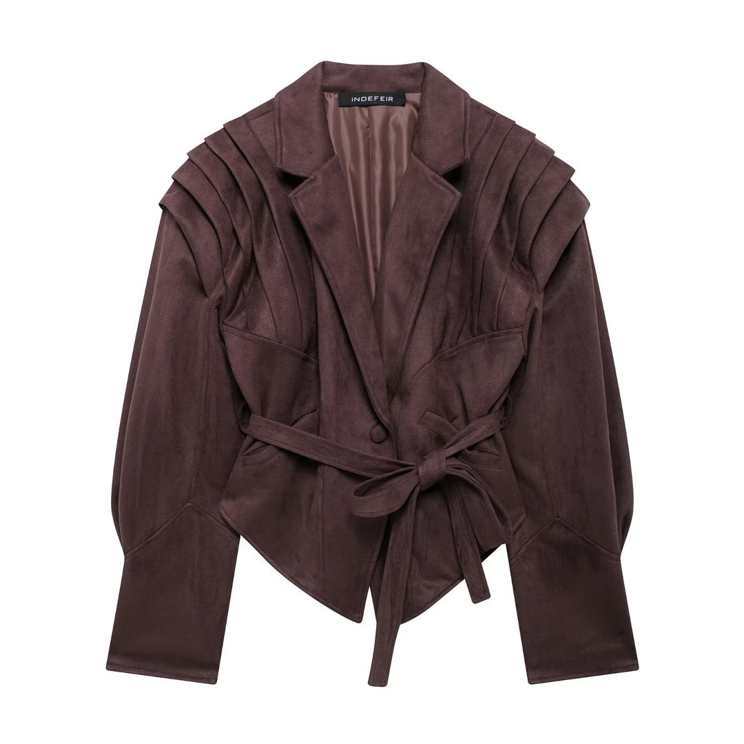 Damen nan taillierter Wildlederoptik Blazer mit Wickelgürtel und gerafften Schultern Echo Archiv