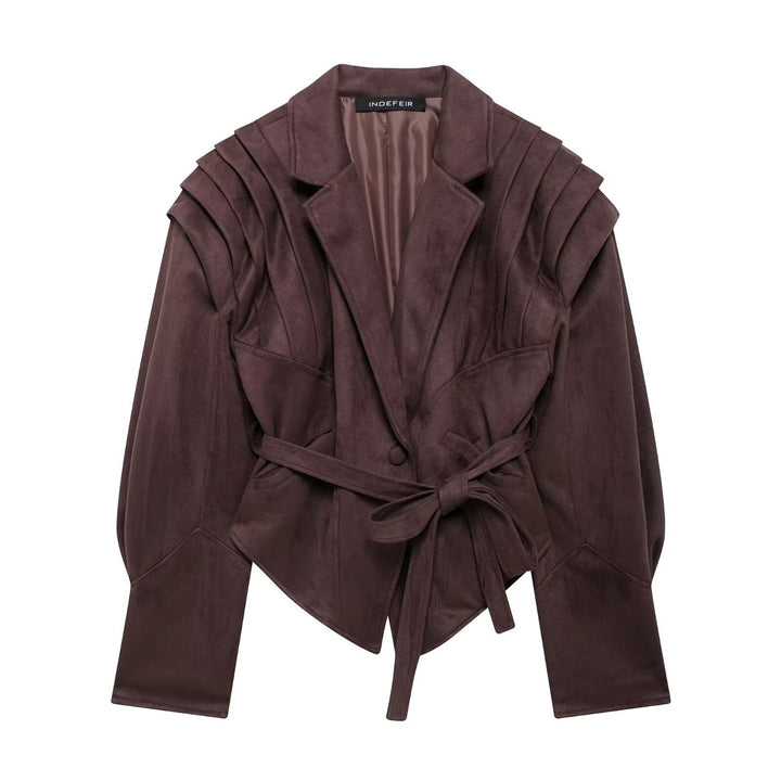 Damen nan taillierter Wildlederoptik Blazer mit Wickelgürtel und gerafften Schultern Echo Archiv