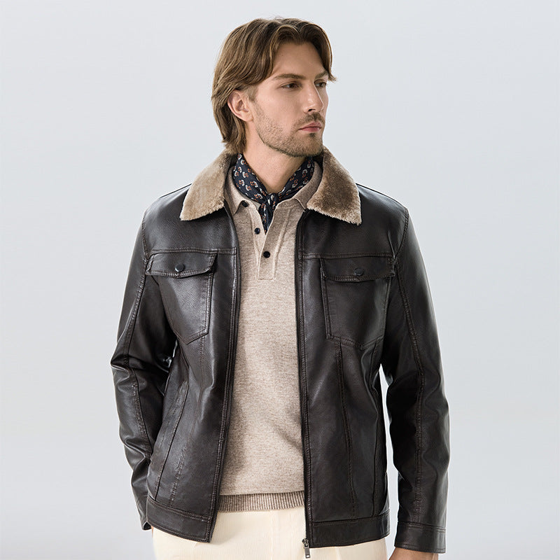 Herren Elegante Lederjacke mit Fleece-Kragen Echoarchiv