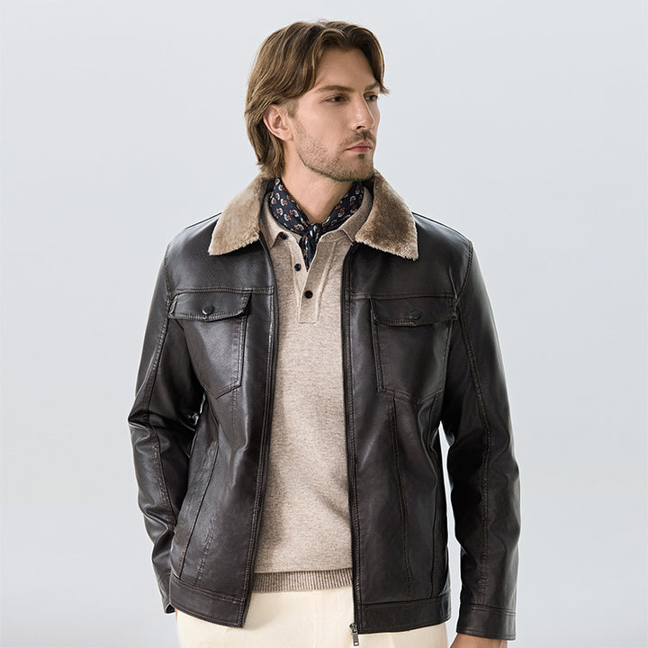 Herren Elegante Lederjacke mit Fleece-Kragen Echoarchiv