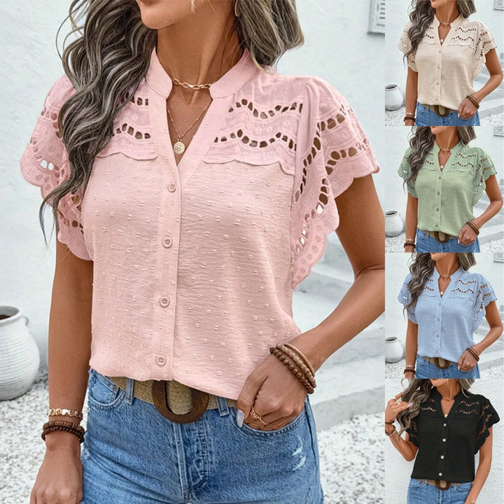 Damen Leichte Baumwollbluse mit Broderie-Details und Flügelärmeln Echo Archiv