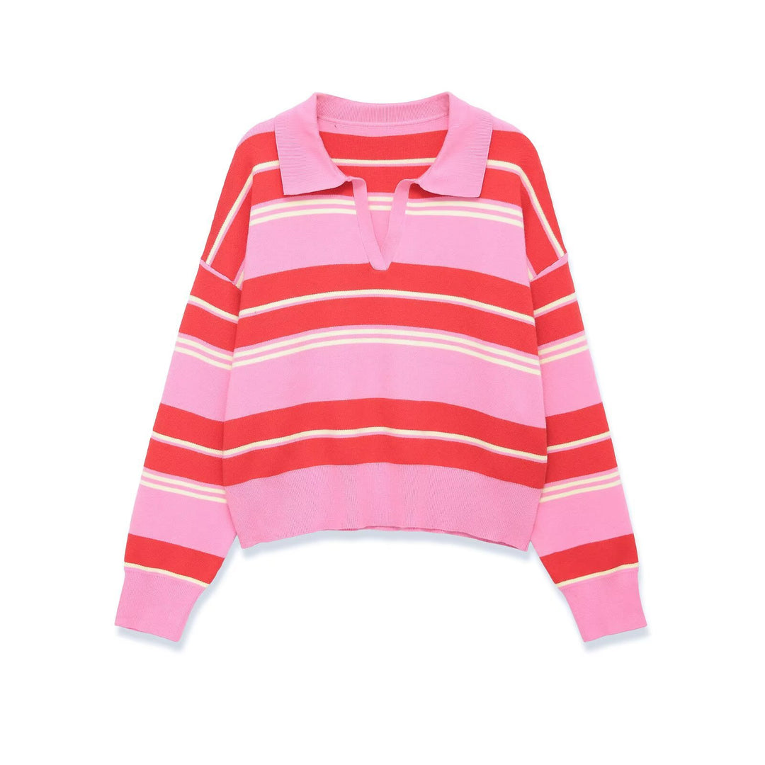 Damen Gestreifter Polokragen-Pullover im Cropped‑Oversize‑Schnitt aus Feinstrick Echoarchiv