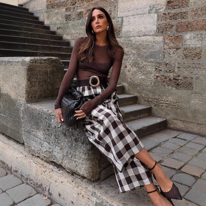 Damen Karo-Hochtaillierte Palazzo-Hose mit weitem Bein & Bundfalten Echoarchiv