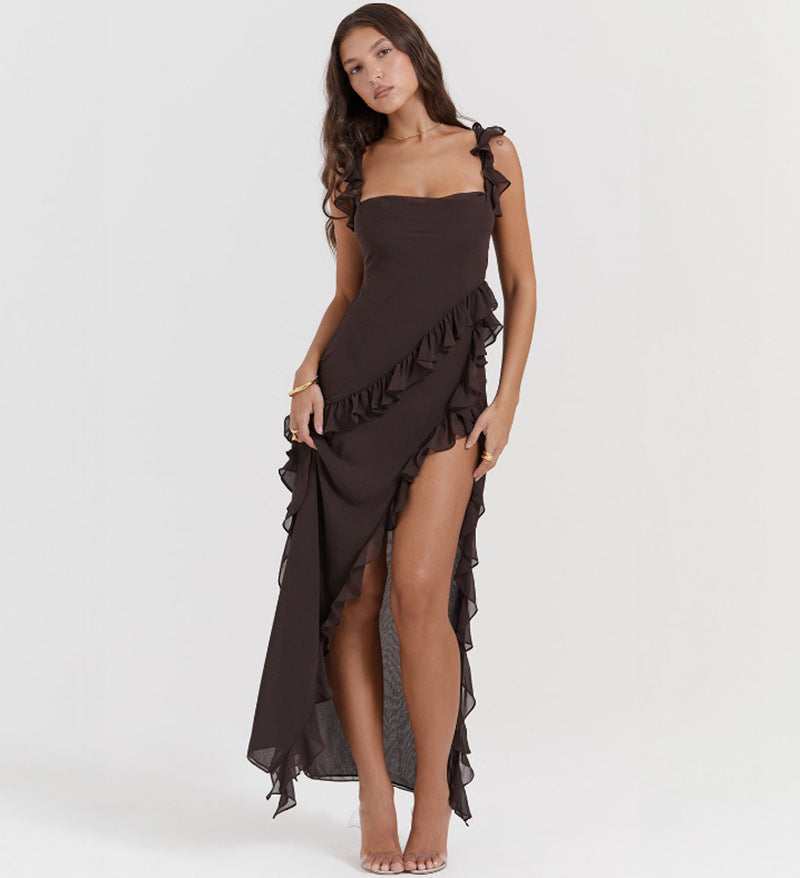 Damen nan langes Abendkleid mit quadratischem Ausschnitt, Schulter-Rüschenträgern und hoher Beinschlitze Echo Archiv