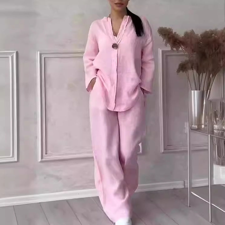 Damen nan lässiges Leinen-Relax-Set mit weiter Hose und Hemdbluse Echo Archiv