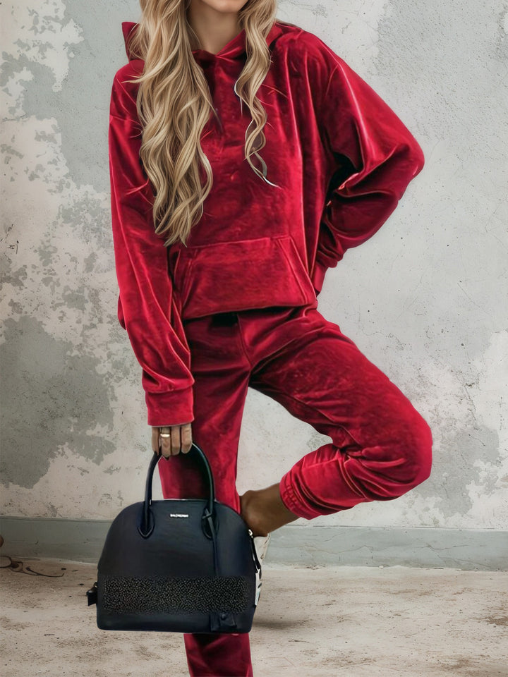 Damen Samt-Jogginganzug mit Kapuzenhoodie, Kängurutasche und elastischer Bündchenhose Echoarchiv