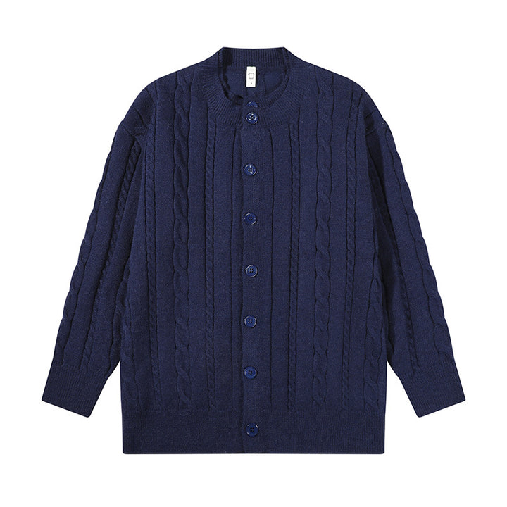 Unisex Übergroße Zopfmuster-Strickjacke mit Knopfleiste und Rundhalsausschnitt Echoarchiv