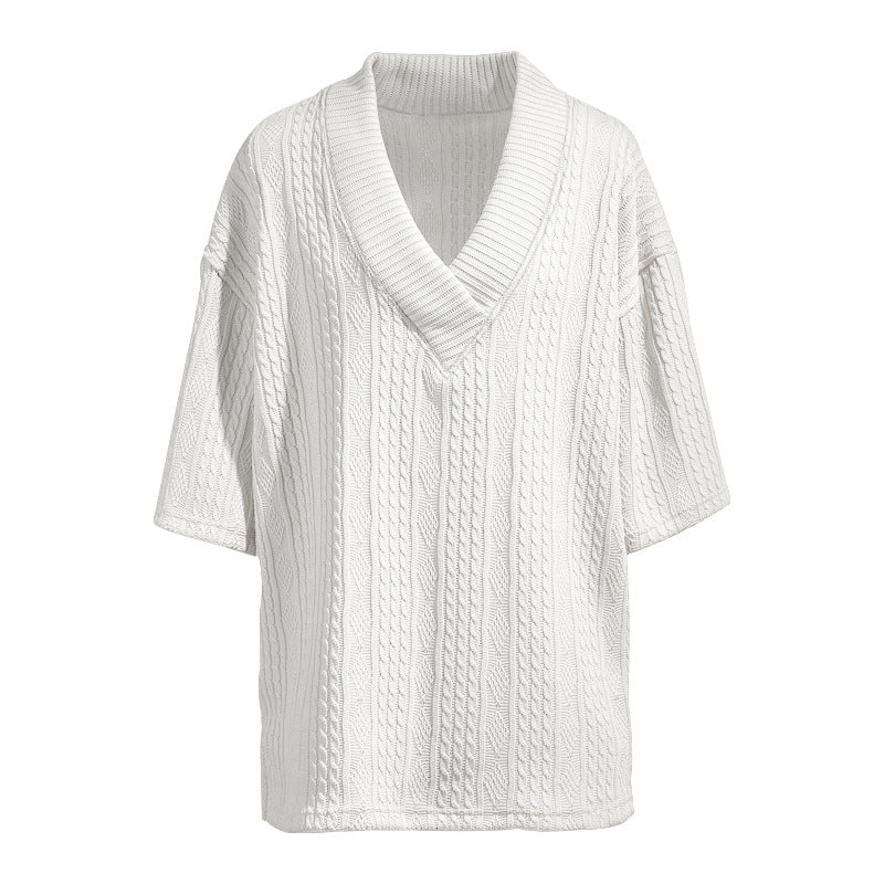 Damen nan weiter Kurzarm-Strickpullover mit Schalkragen und Zopfmuster Echo Archiv