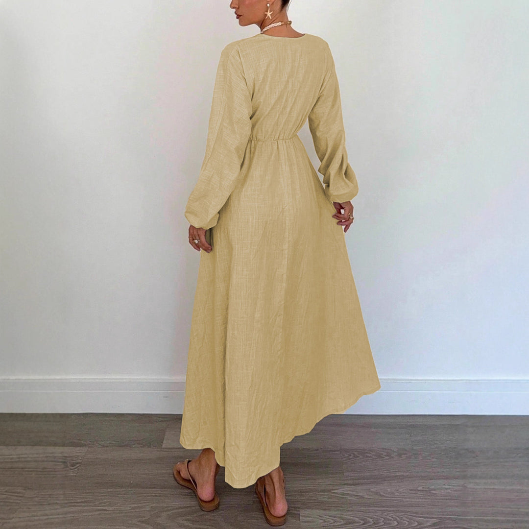Damen Maxi‑Leinenkleid mit V‑Ausschnitt, Bindefront und Ballonärmeln – Avérine