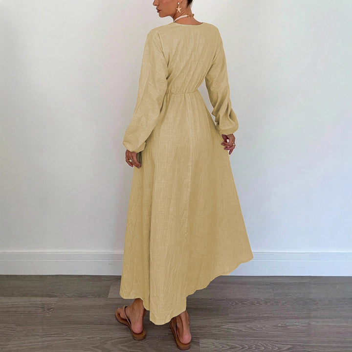 Damen Maxi‑Leinenkleid mit V‑Ausschnitt, Bindefront und Ballonärmeln – Avérine