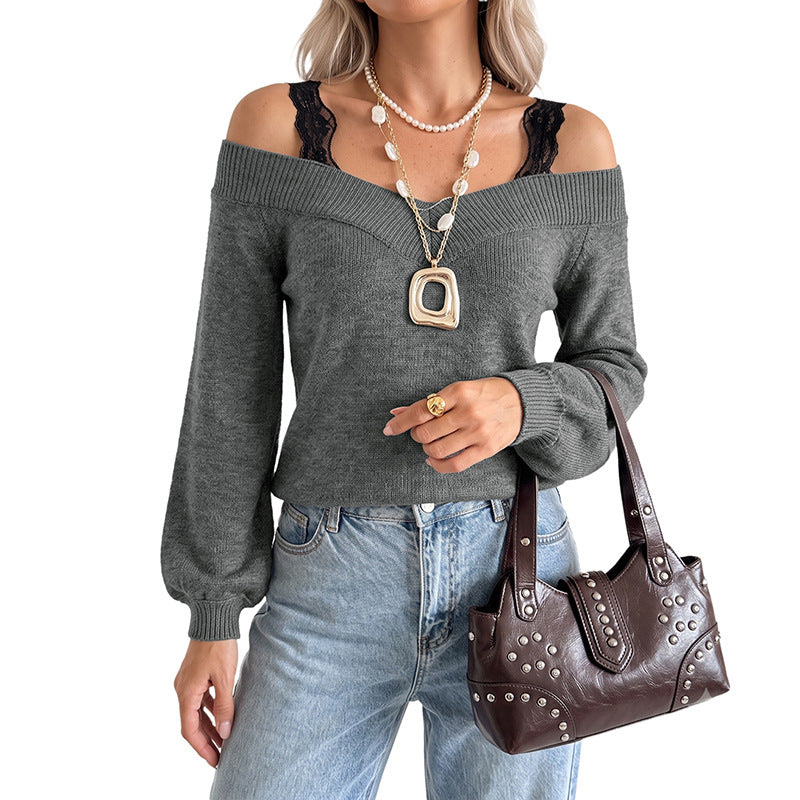 Damen Off-Shoulder Feinstrickpullover mit V-Rippkragen und Ballonärmeln – Mavelle