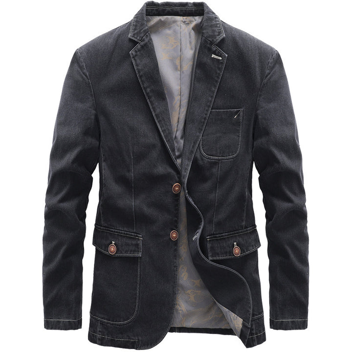 Herren Casual-Jeansblazer mit Reverskragen, aufgesetzten Pattentaschen und floral gemustertem Innenfutter – Tianoro