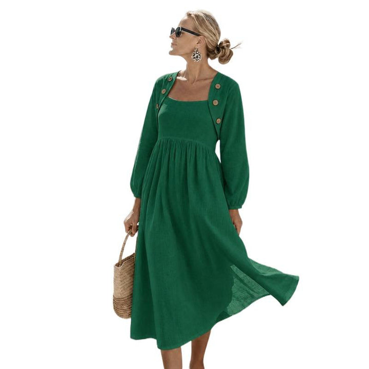 Damen Midikleid in Leinenoptik mit quadratischem Ausschnitt, geraffter Empire-Taille und Schulterknöpfen – Élara