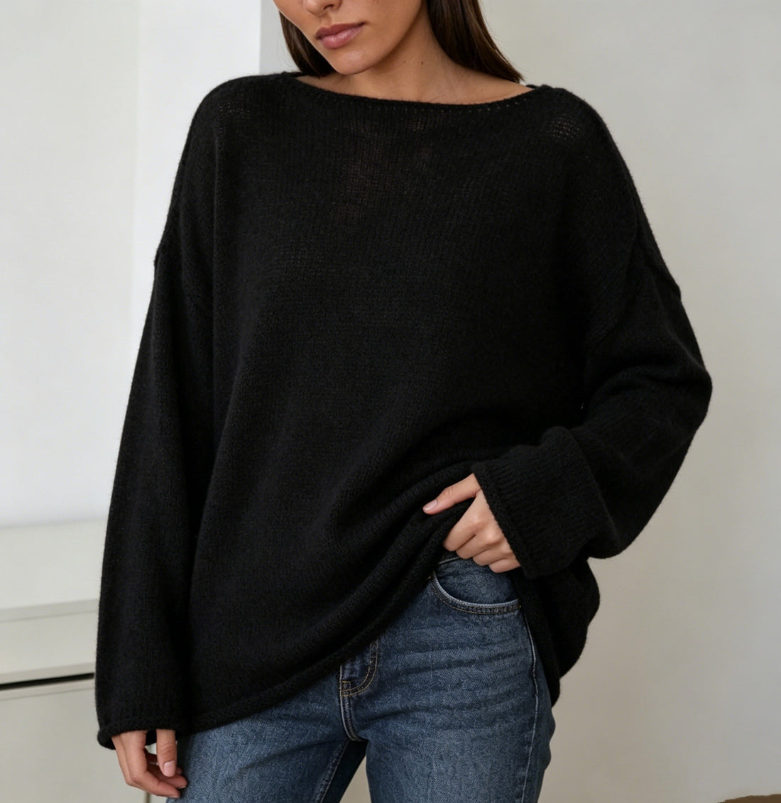 Damen luftiger Oversize-Feinstrickpullover mit weitem Arm und Rundhalsausschnitt – Mavelle