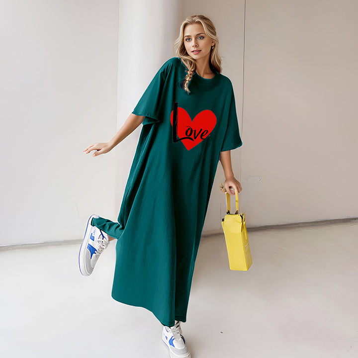 Damen locker geschnittenes Maxikleid mit großem Herzgrafikprint und Rundhalsausschnitt – Valéora