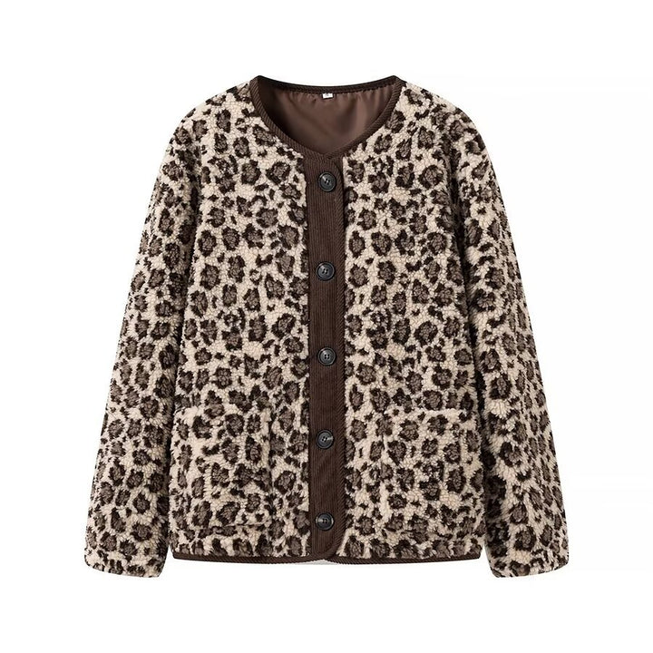 Damen Teddyjacke mit Leopardenprint, Cordbesatz und Knopfverschluss Echo Archiv