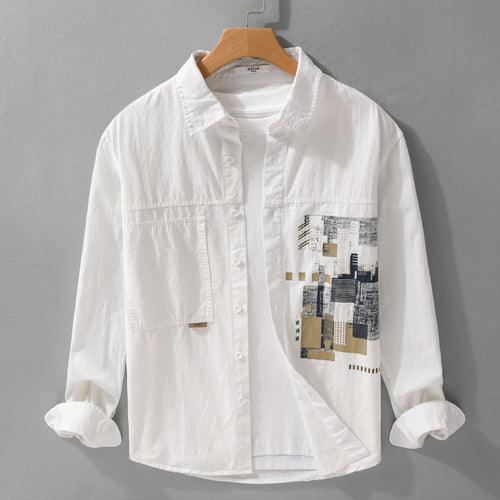 Herren Leichtes Baumwoll-Canvas-Overshirt mit abstraktem Frontprint und Doppelbrusttasche Echoarchiv