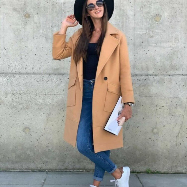 Damen Midilanger Wollmix Mantel im Clean-Cut mit Reverskragen und aufgesetzten Taschen – Montévia