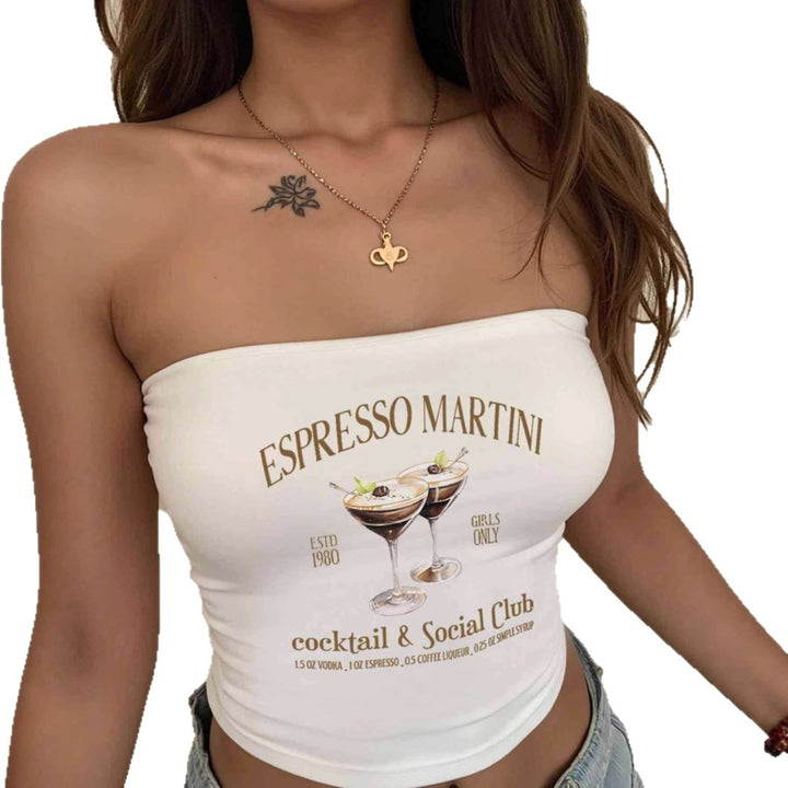 Damen Bandeau Top mit Espresso Martini Aufdruck und figurbetontem Schnitt Echo Archiv
