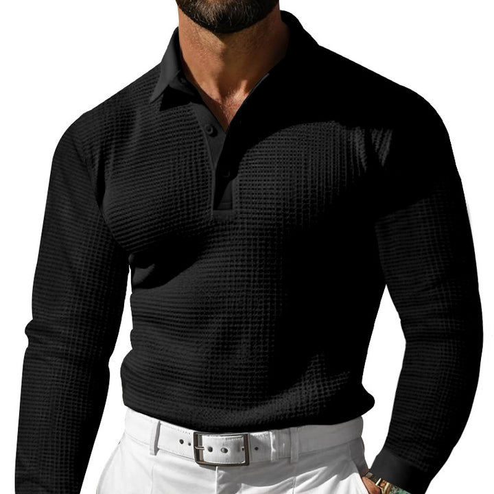Herren Waffelstruktur-Poloshirt mit Langarm, Slim-Fit und Kentkragen Echoarchiv