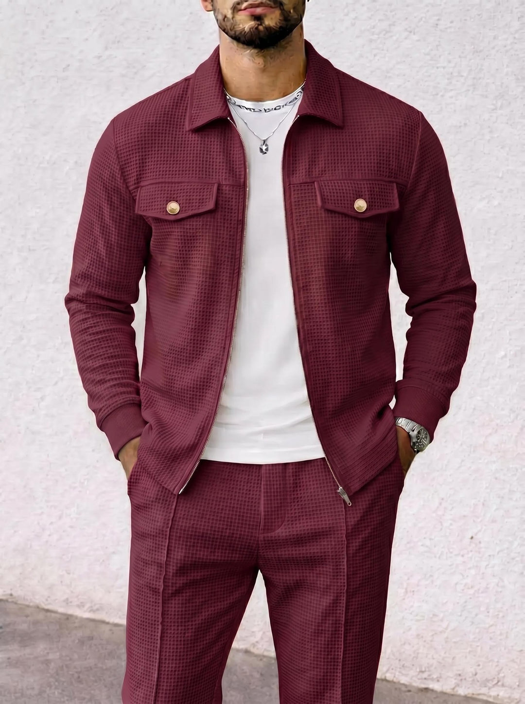 Herren strukturierte Overshirt-Jacke mit Waffelstruktur, Pattentaschen und verdecktem Reißverschluss – Taviero