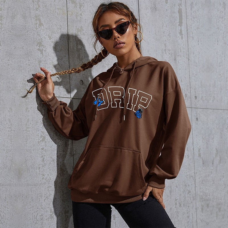 Damen Oversize-Kapuzenpullover mit Kängurutasche und Schmetterling-Stickerei Echoarchiv