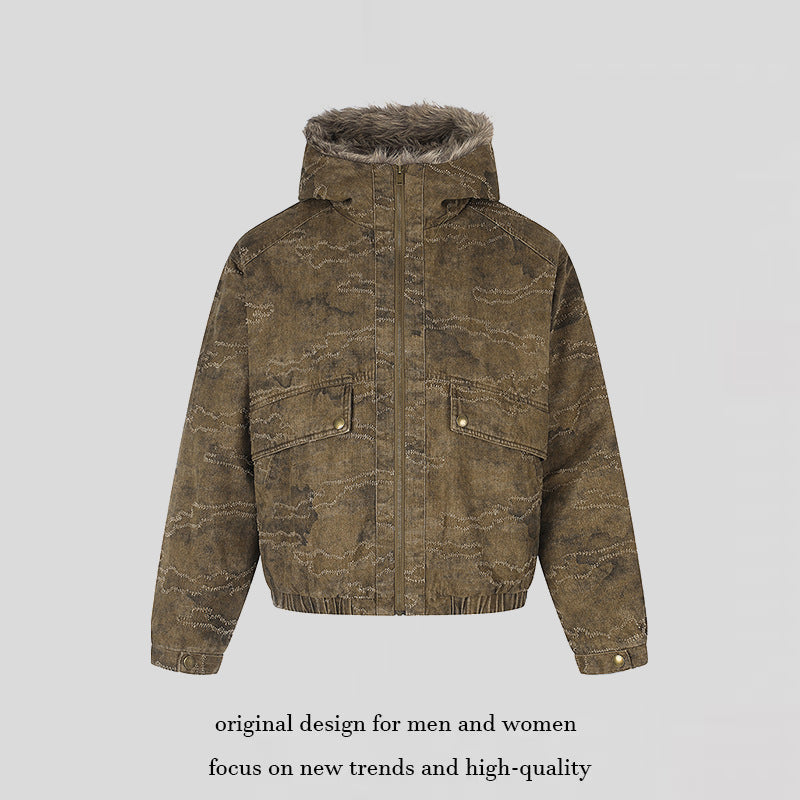Damen Wattierte Kapuzen‑Bomberjacke mit Kunstfellbesatz, Camouflage‑Effekt und elastischem Saum Echoarchiv