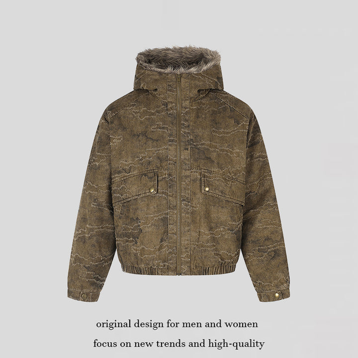 Damen Wattierte Kapuzen‑Bomberjacke mit Kunstfellbesatz, Camouflage‑Effekt und elastischem Saum Echoarchiv