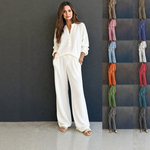 Damen Waffelstrick-Loungewear-Set mit Henley-Oberteil, Kordelbund und weiter Palazzo-Hose Echoarchiv