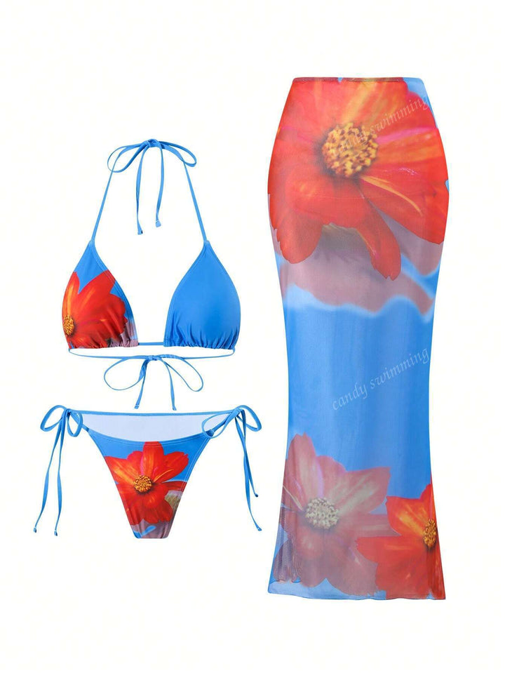 Damen Triangel-Bikini-Set mit floralen Mustern und transparentem Maxirock Echo Archiv