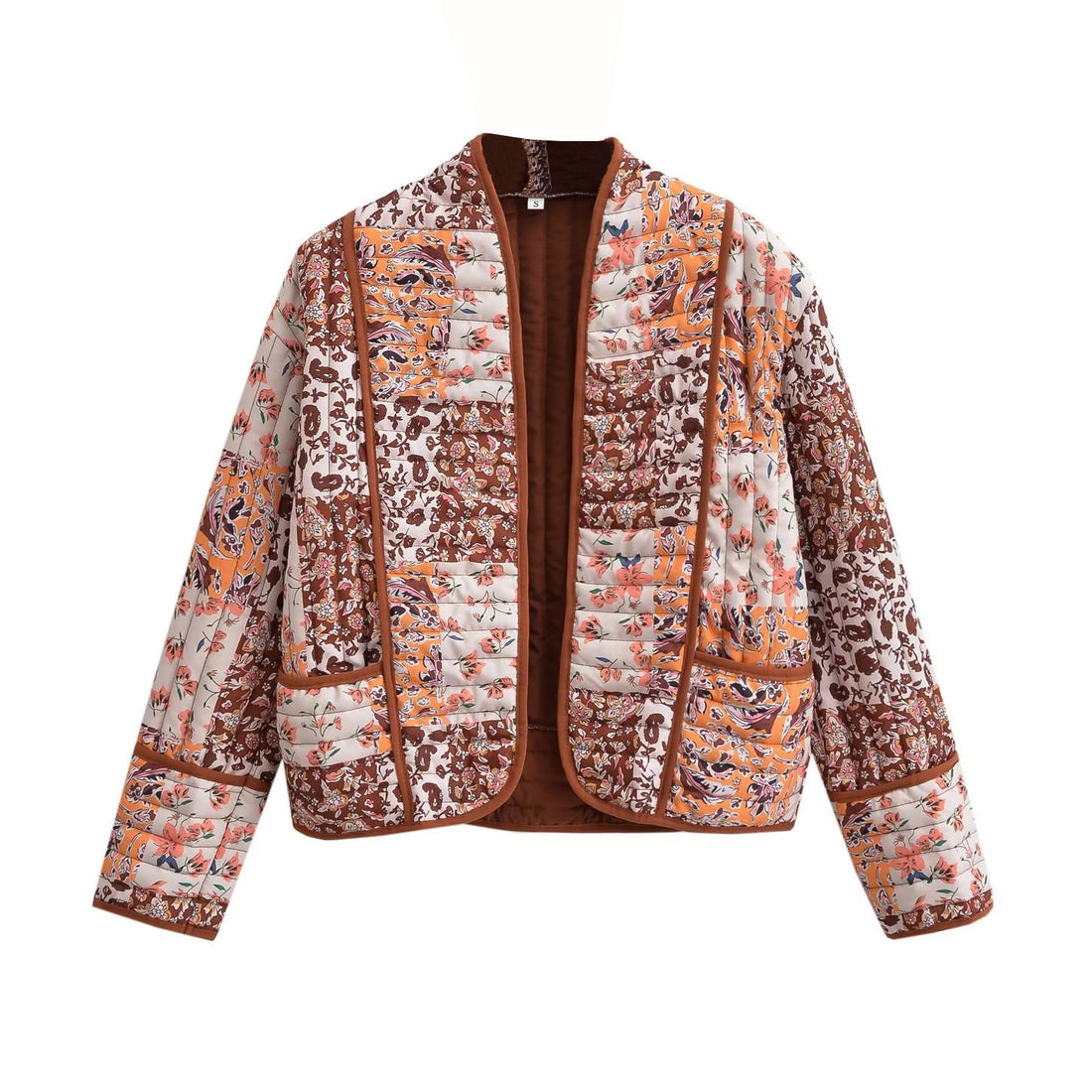 Damen Gesteppte Patchwork‑Steppjacke mit Blumenprint, offener Kimono‑Silhouette und aufgesetzten Taschen Echo Archiv